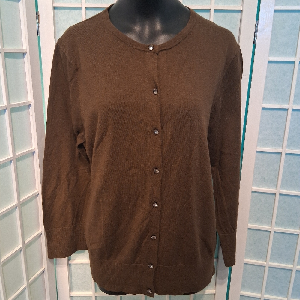 Ann Taylor L Brown Button-Up Cardigan Silk Blend 6998
